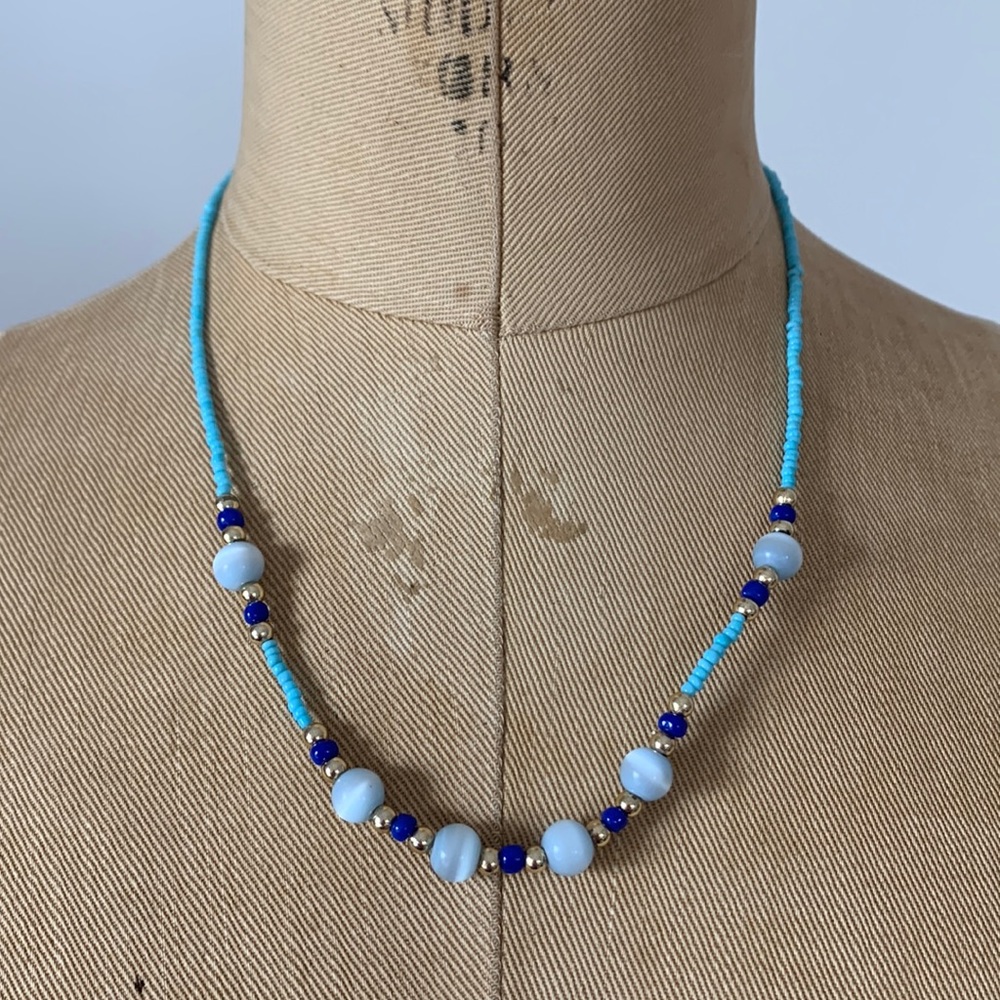 Seed bead necklace blue & gold 9in drop